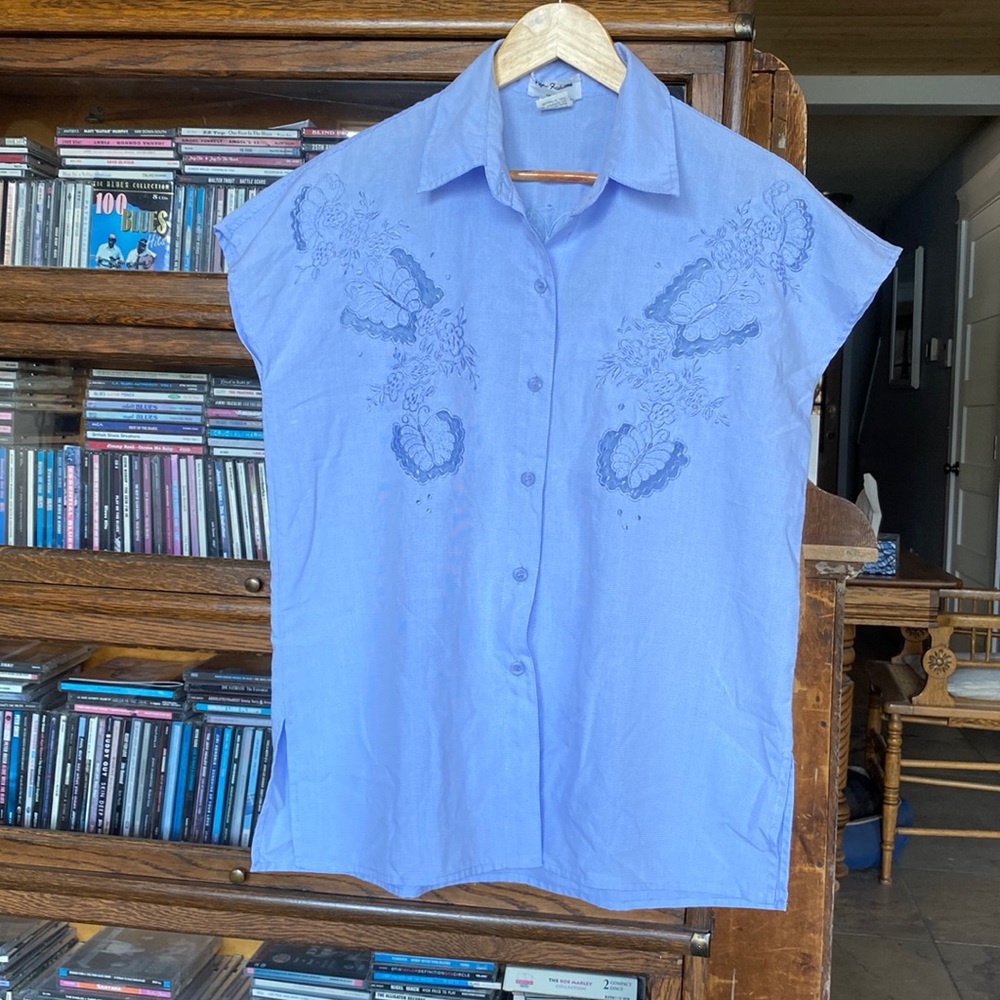 Vintage PAPA FASHIONS Embroidered/Cutwork/Sheer Blouse Blue/White Size Large